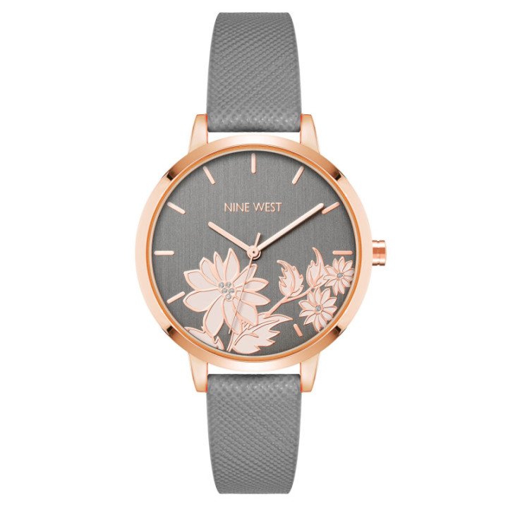 Reloj con correa de esfera floral para mujer - NW/2284 — Color: Gris/Oro rosa